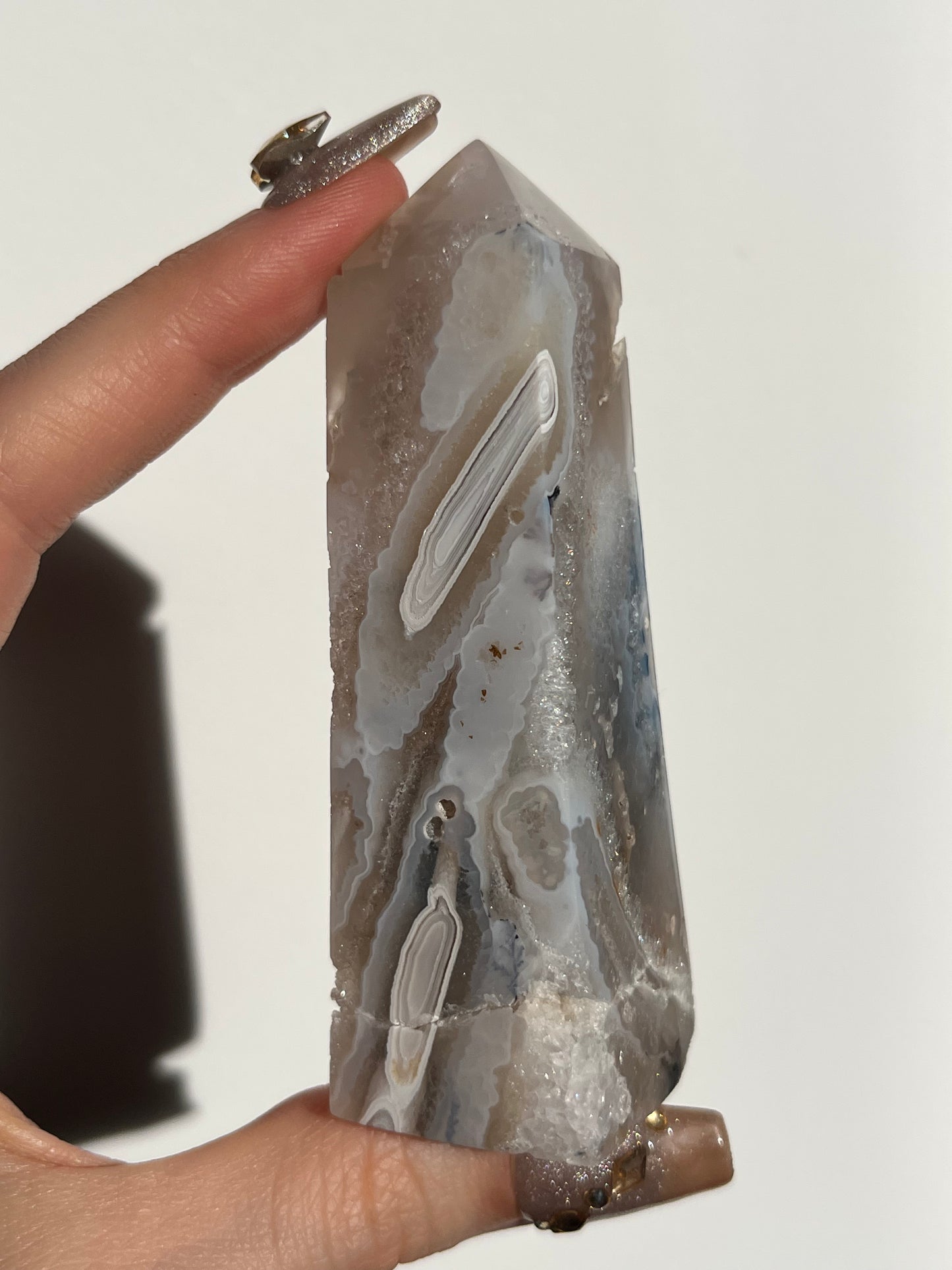 Orbicular Nebula Agate Tower with Dendritic Inclusions F