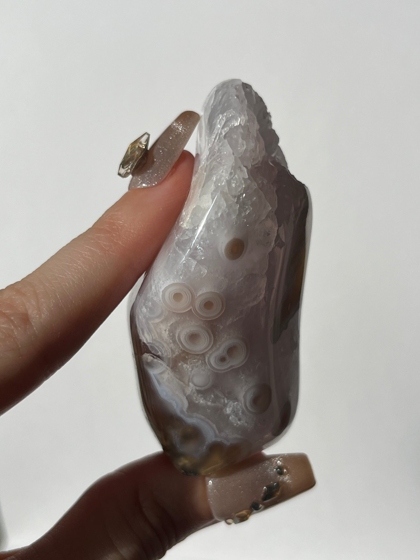 Orbicular Nebula Agate with Amethyst Standing Freeform D