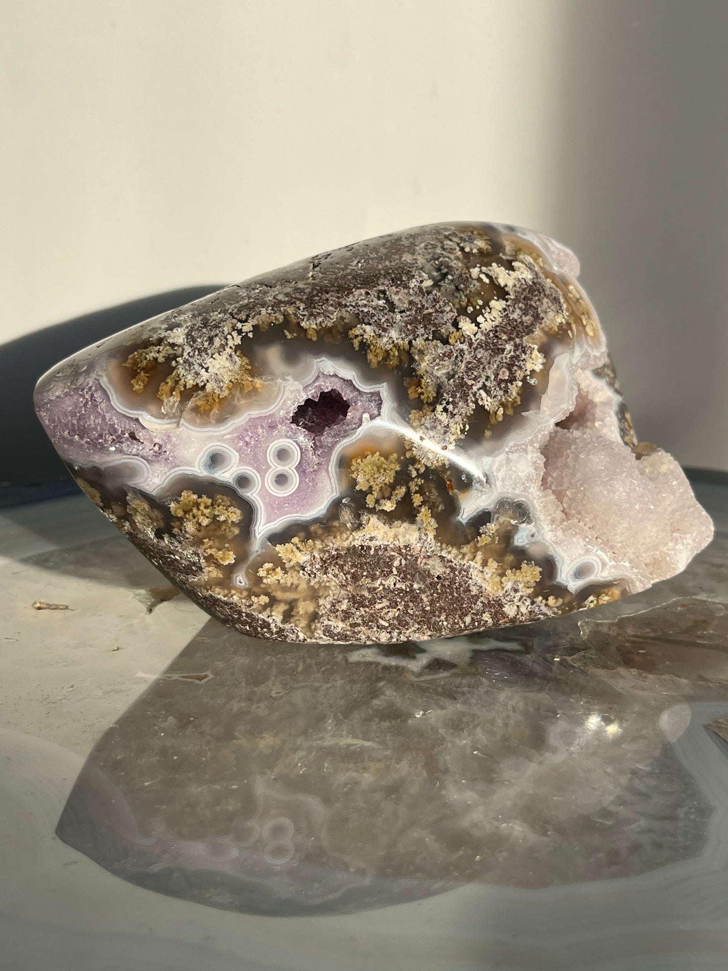 'Celestial Tides' Face Pattern Nebula Agate and Multicoloured Scenic Moss with Amethyst Freeform A