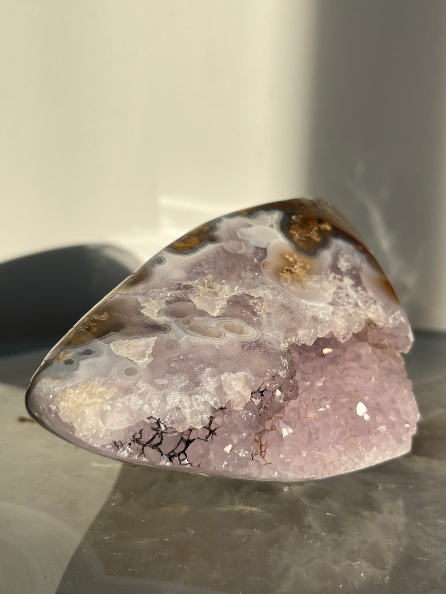 'Nebula Sanctuary' Nebula Agate and Multicoloured Scenic Moss with Amethyst Freeform with Dendritic Inclusions B