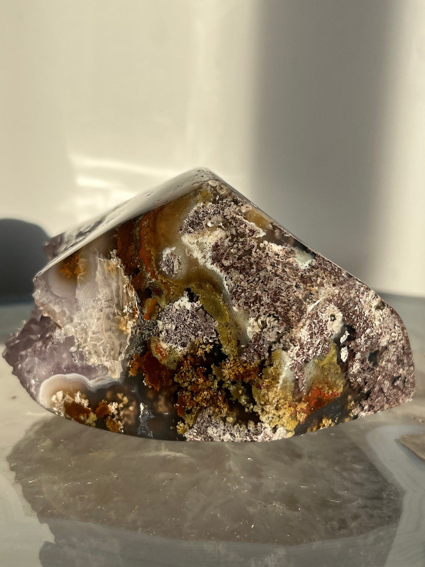 'Nebula Sanctuary' Nebula Agate and Multicoloured Scenic Moss with Amethyst Freeform with Dendritic Inclusions B