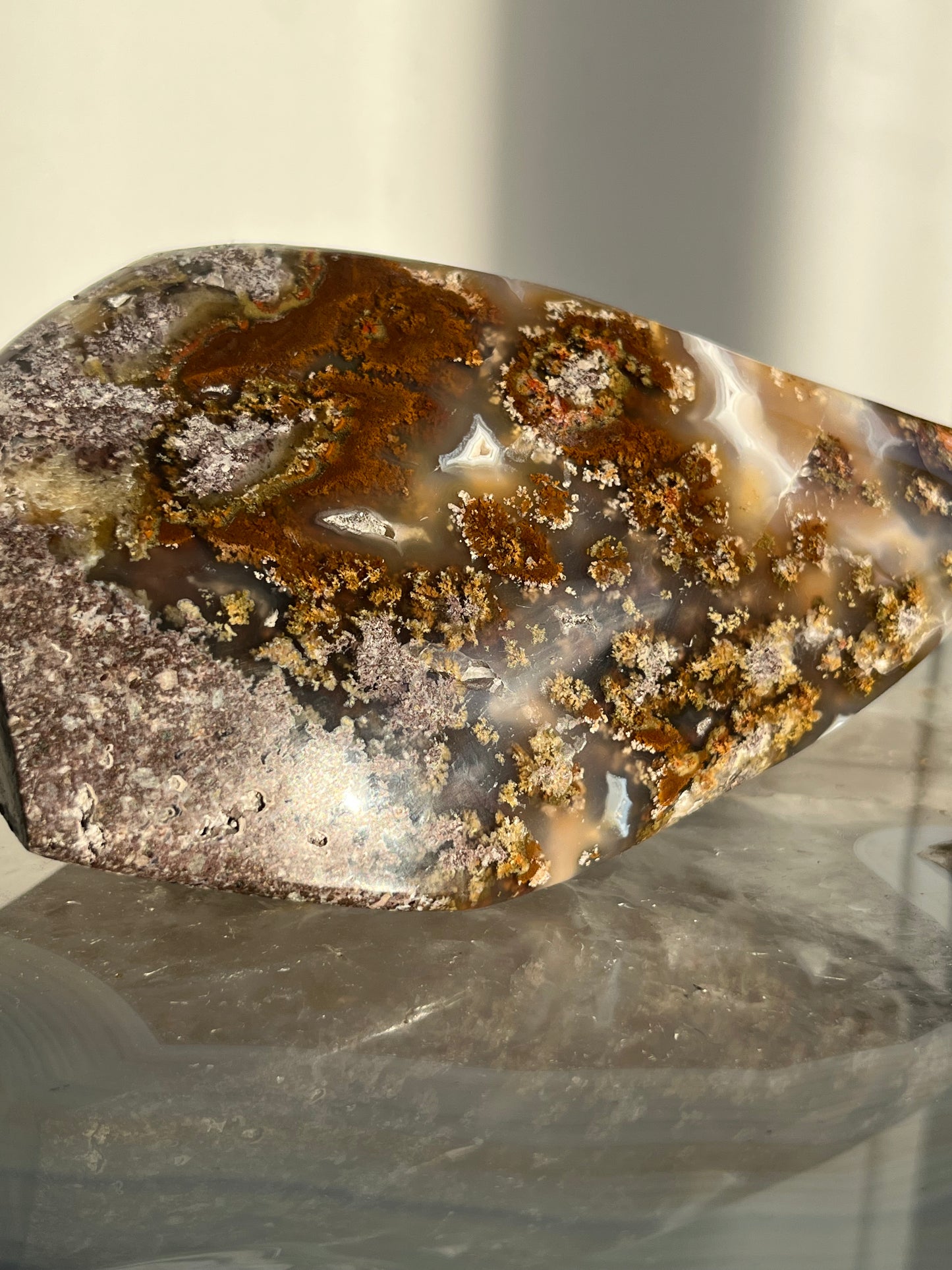 'Nebula Sanctuary' Nebula Agate and Multicoloured Scenic Moss with Amethyst Freeform with Dendritic Inclusions B