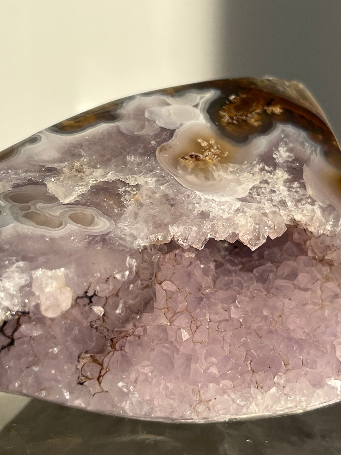 'Nebula Sanctuary' Nebula Agate and Multicoloured Scenic Moss with Amethyst Freeform with Dendritic Inclusions B