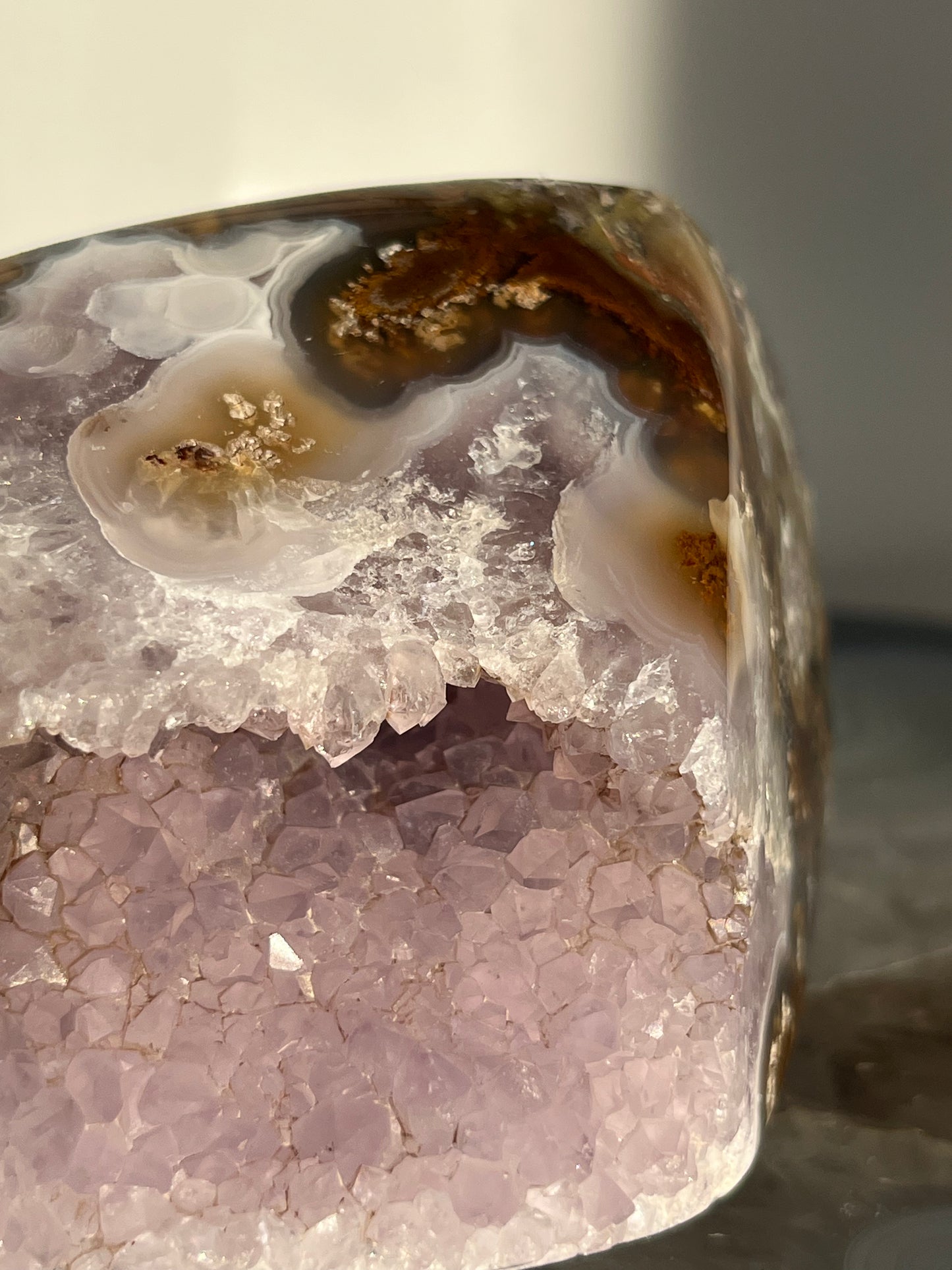 'Nebula Sanctuary' Nebula Agate and Multicoloured Scenic Moss with Amethyst Freeform with Dendritic Inclusions B