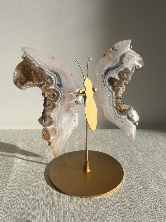 Nebula Agate with Scenic Moss and Dendritic Inclusions Butterfly Wings on Stand A