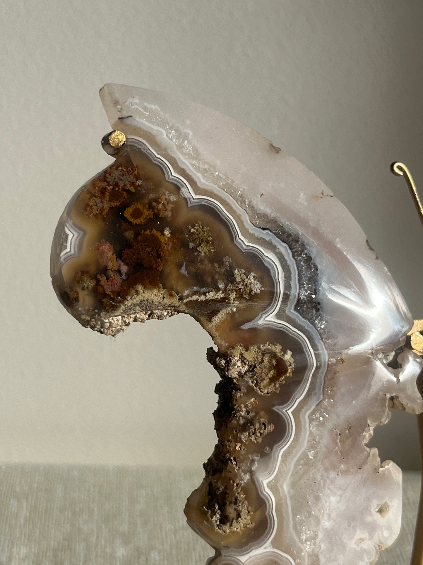 Nebula Agate with Scenic Moss and Dendritic Inclusions Butterfly Wings on Stand A