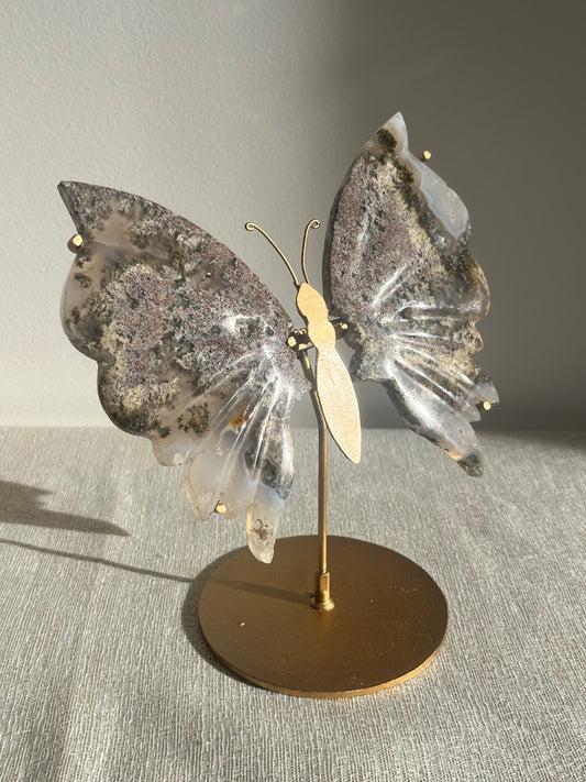 Nebula Agate with Scenic Moss Butterfly Wings on Stand C