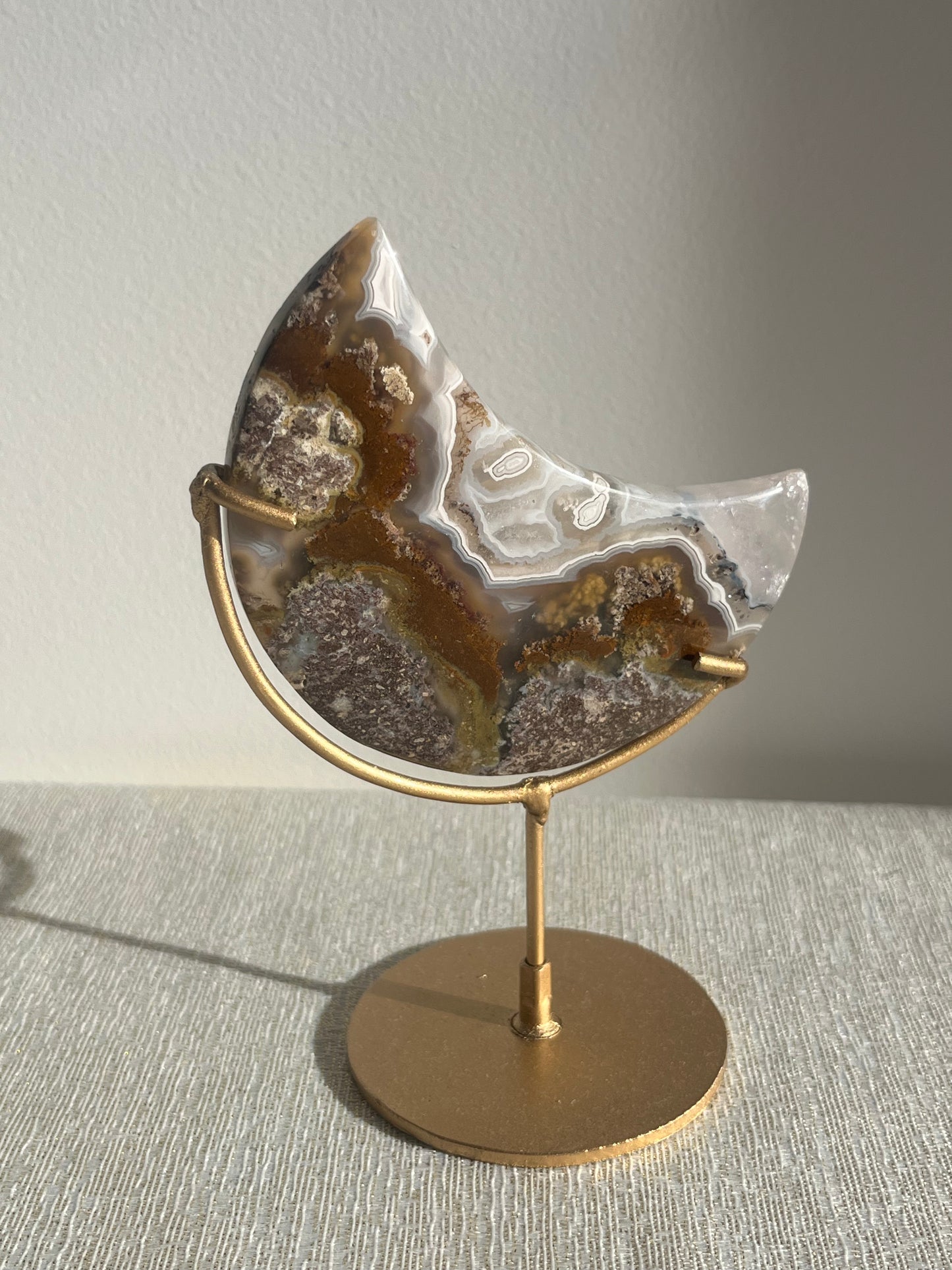 Nebula Agate with Scenic Moss with Dendritic Inclusions Moon Carving on Stand A