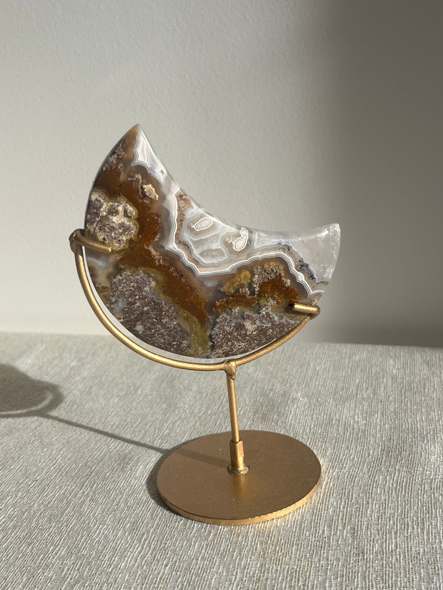 Nebula Agate with Scenic Moss with Dendritic Inclusions Moon Carving on Stand A