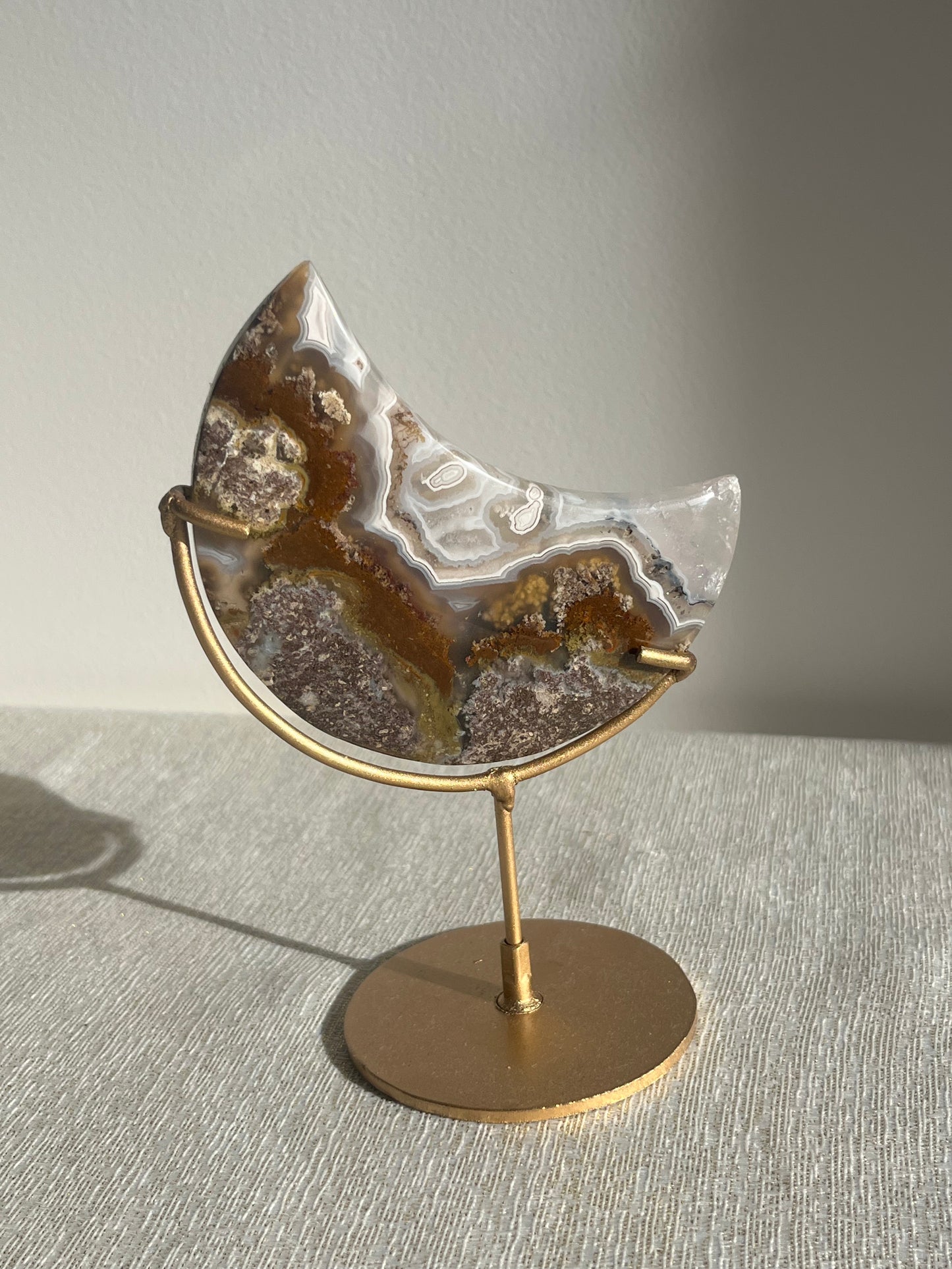 Nebula Agate with Scenic Moss with Dendritic Inclusions Moon Carving on Stand A