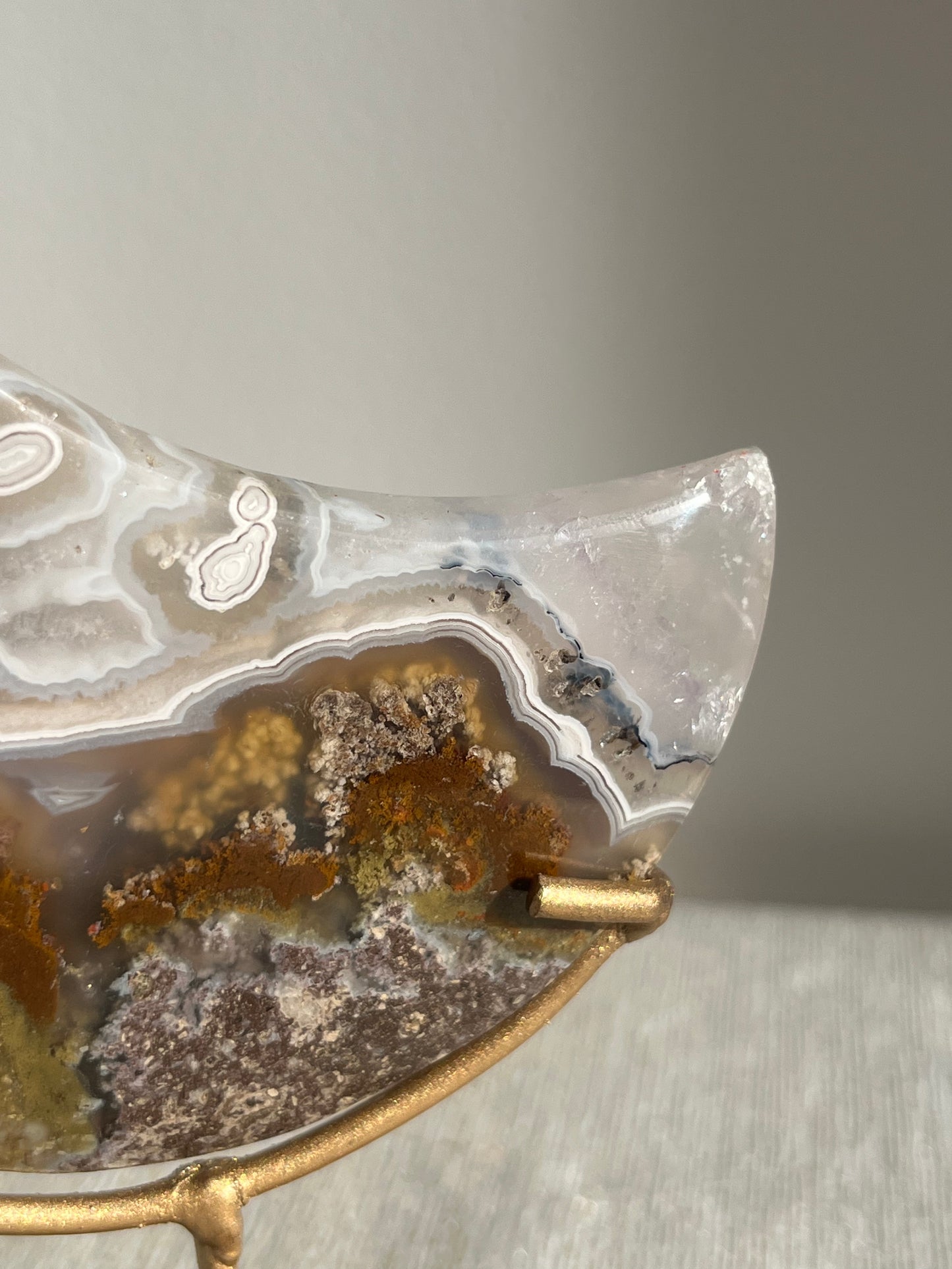Nebula Agate with Scenic Moss with Dendritic Inclusions Moon Carving on Stand A