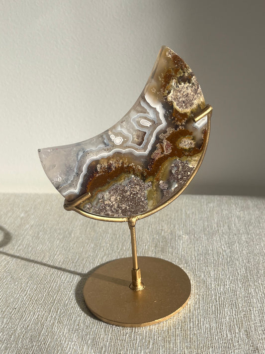 Nebula Agate with Scenic Moss with Dendritic Inclusions Moon Carving on Stand A