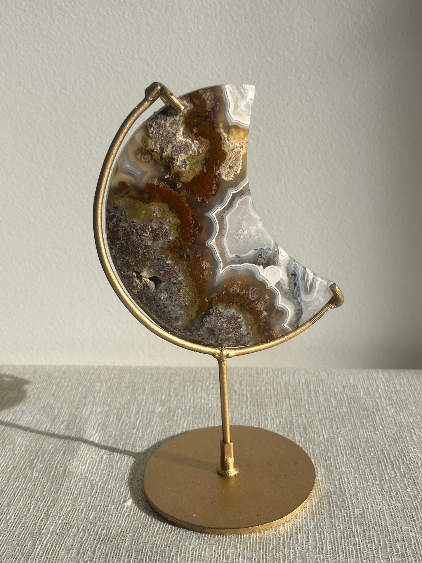 Nebula Agate with Scenic Moss with Dendritic Inclusions Moon Carving on Stand B