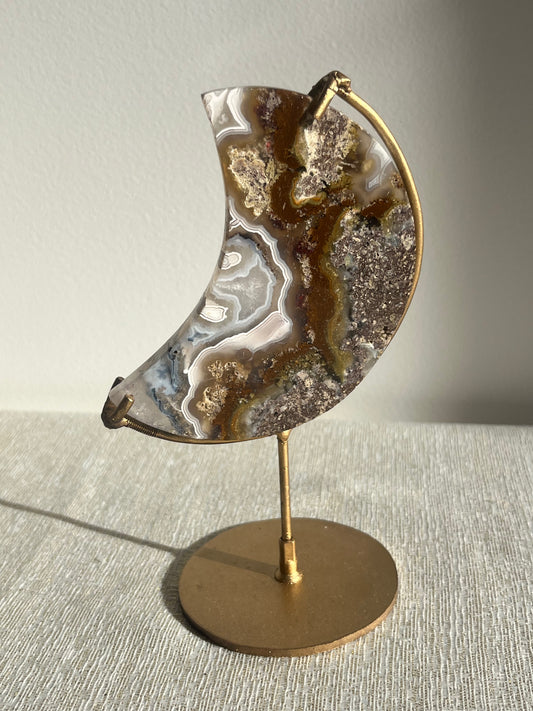 Nebula Agate with Scenic Moss with Dendritic Inclusions Moon Carving on Stand B