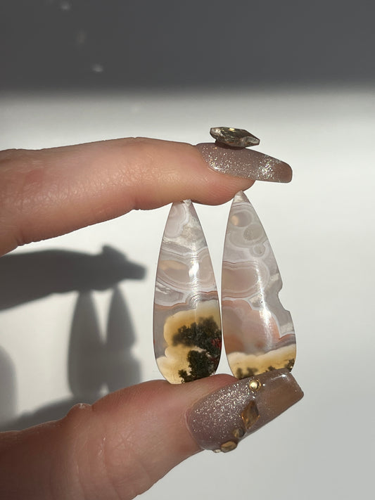 Pink Orbicular Nebula Agate with Scenic Moss Teardrop Cabochon Pair