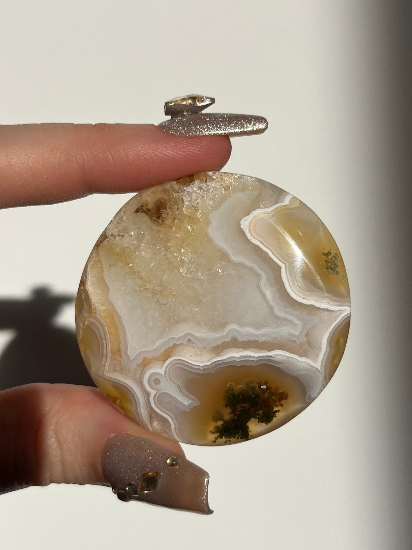 Nebula Agate and Multicoloured Scenic Moss Medallion Carving C