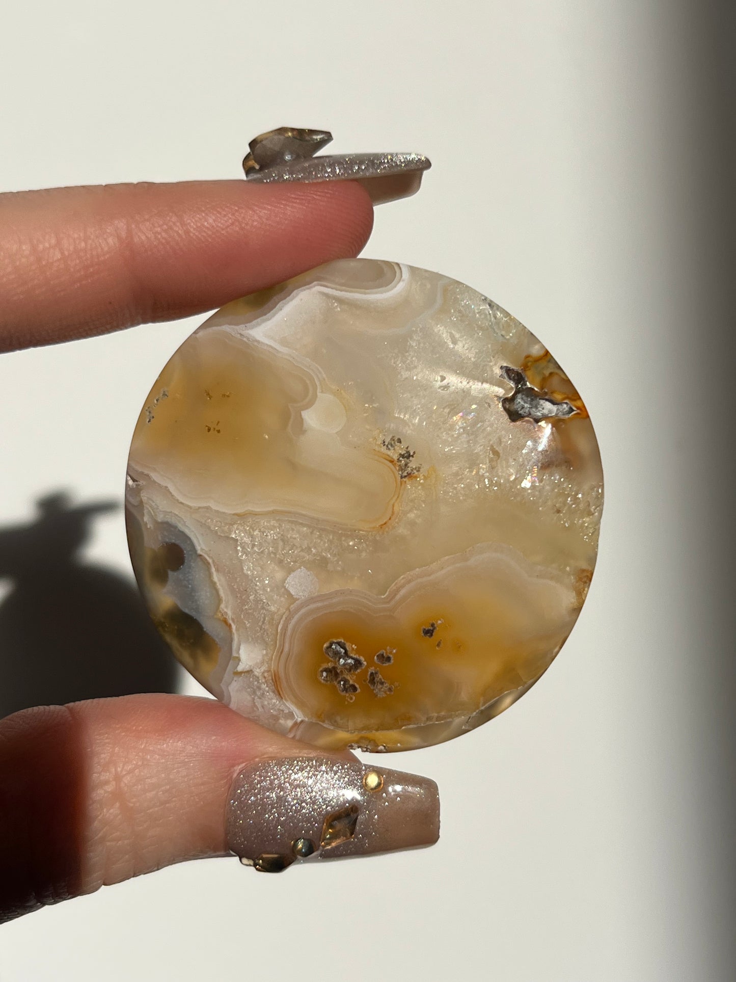 Nebula Agate and Multicoloured Scenic Moss Medallion Carving C