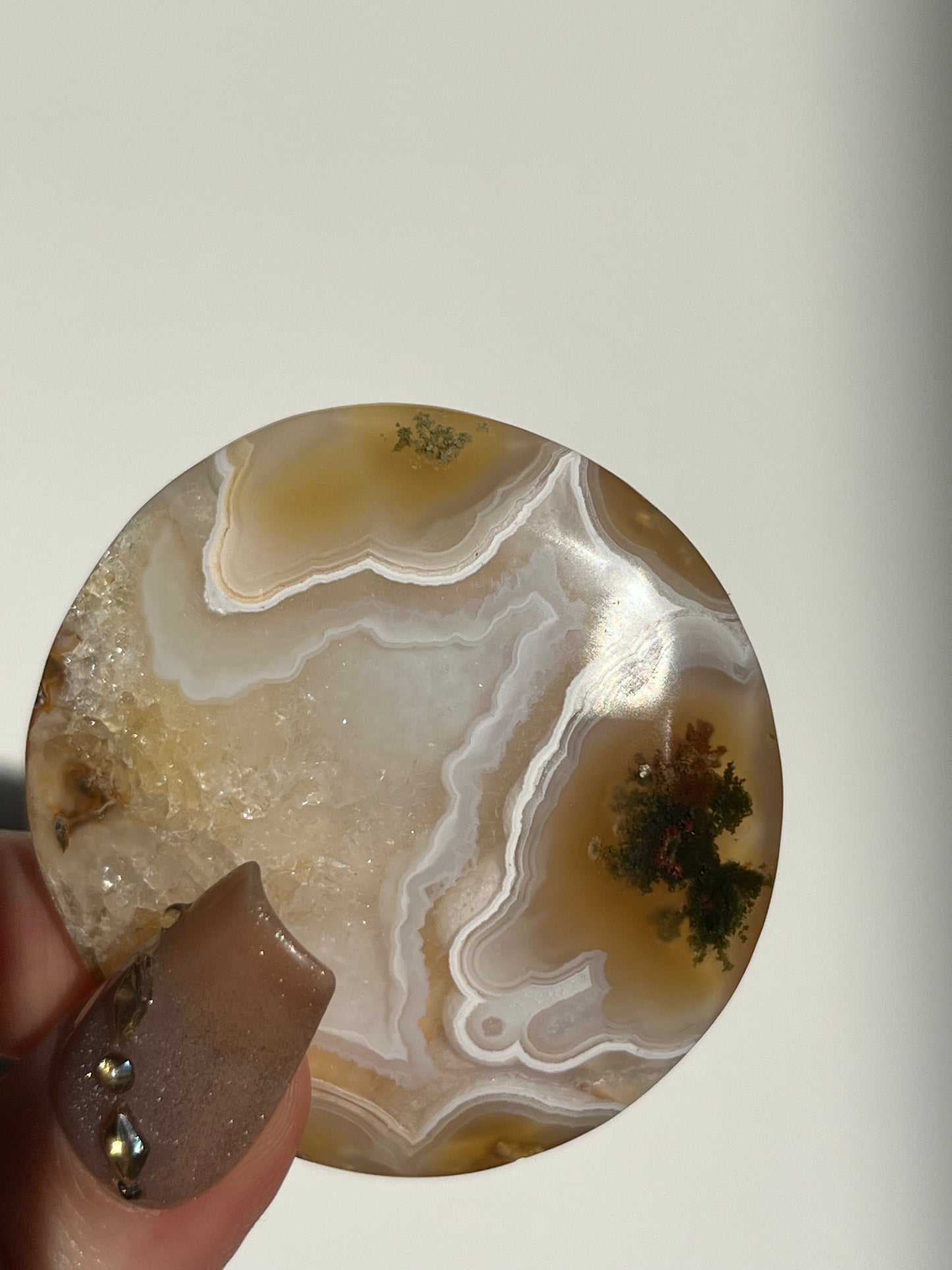 Nebula Agate and Multicoloured Scenic Moss Medallion Carving C