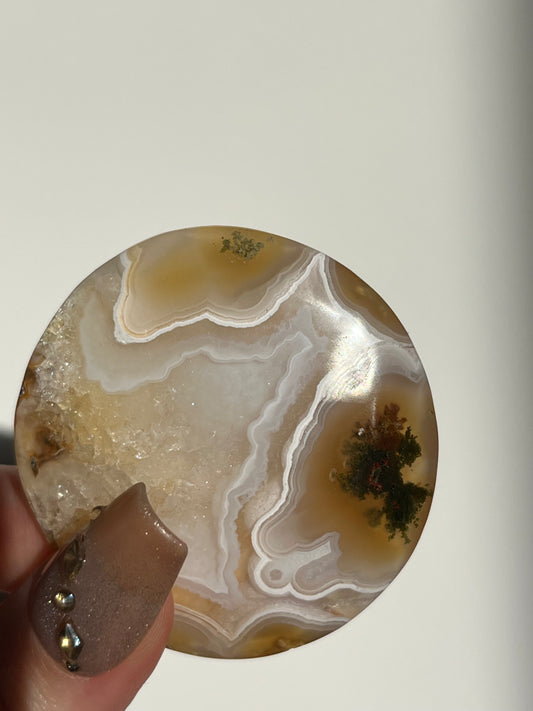 Nebula Agate and Multicoloured Scenic Moss Medallion Carving C