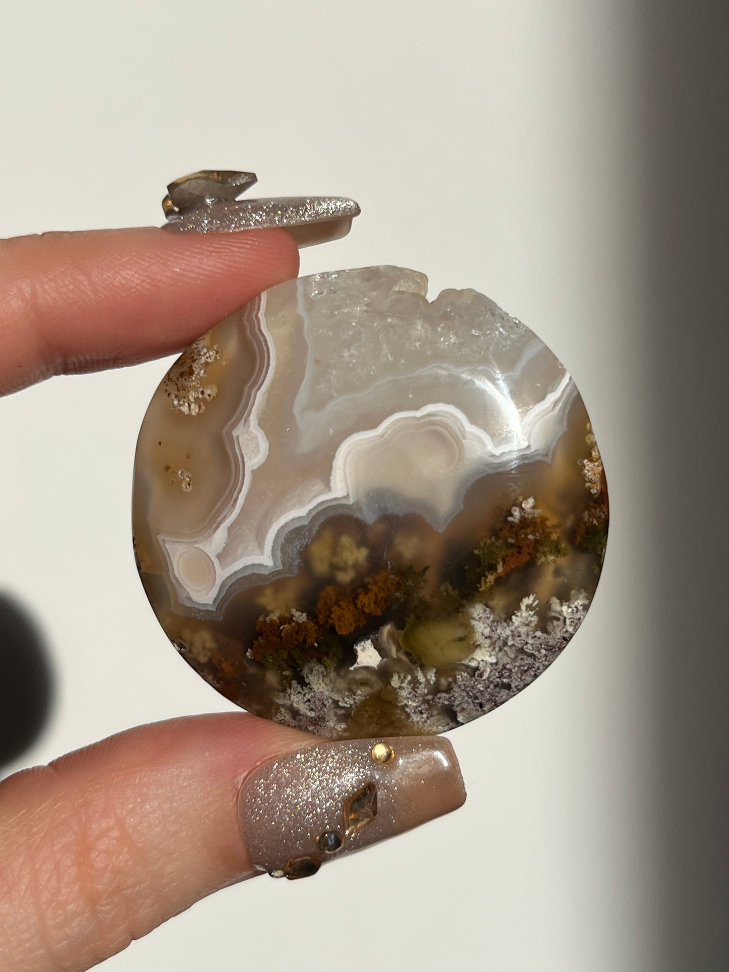 Nebula Agate and Multicoloured Scenic Moss Medallion Carving E (with Parallax Effect)