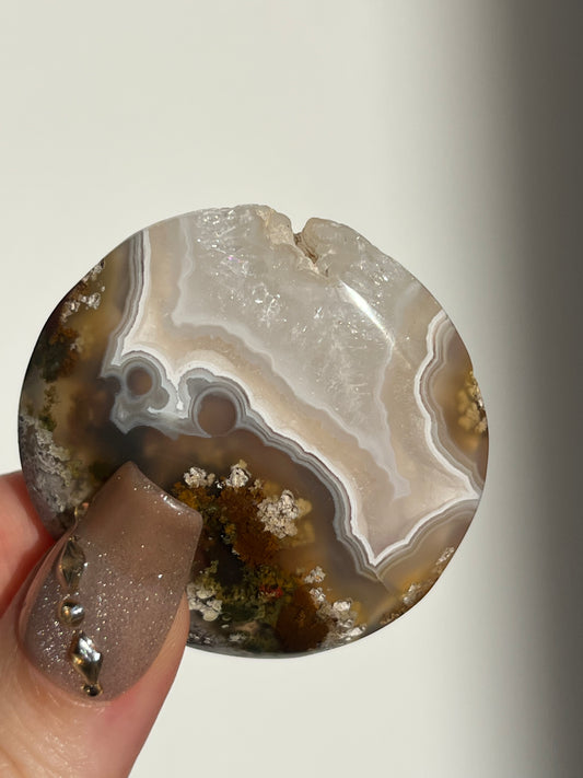 Nebula Agate and Multicoloured Scenic Moss Medallion Carving E (with Parallax Effect)