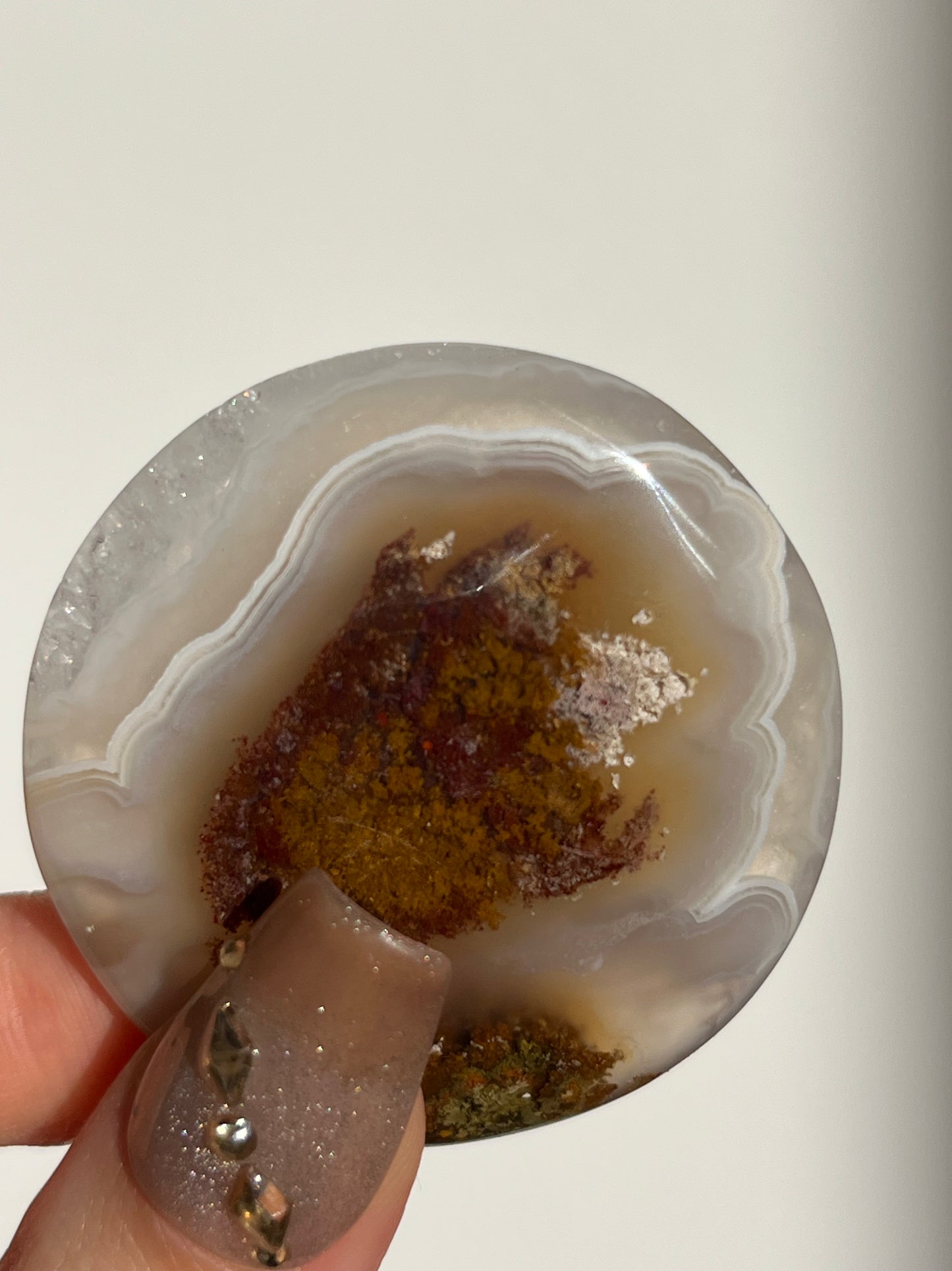 Nebula Agate and Multicoloured Scenic Moss Medallion Carving F