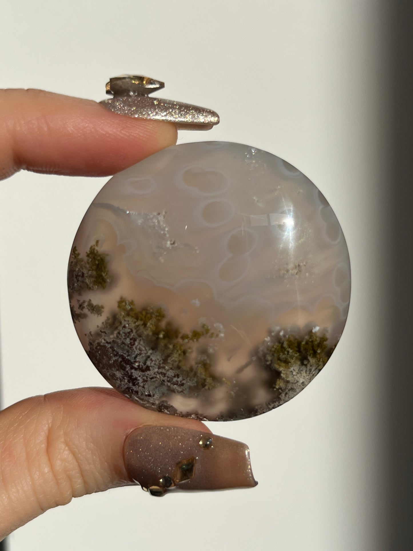 Jelly Orbicular Nebula Agate and Scenic Moss Medallion Carving G