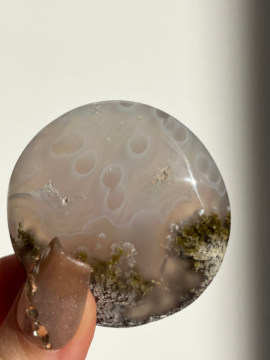 Jelly Orbicular Nebula Agate and Scenic Moss Medallion Carving G