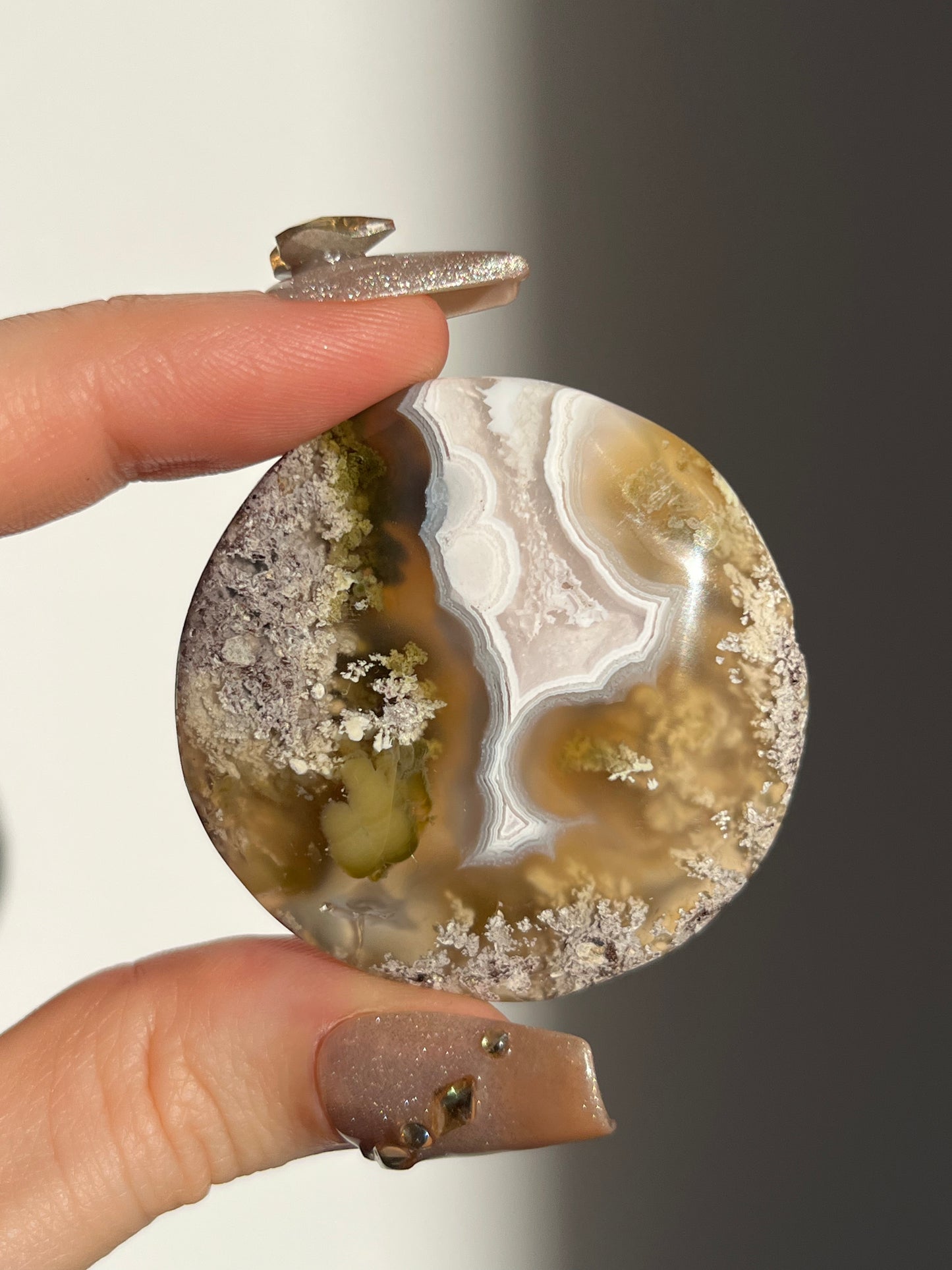 Nebula Agate and Multicoloured Scenic Moss Medallion Carving H