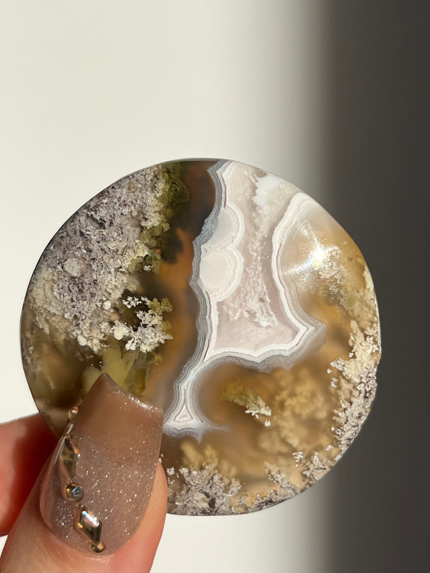 Nebula Agate and Multicoloured Scenic Moss Medallion Carving H