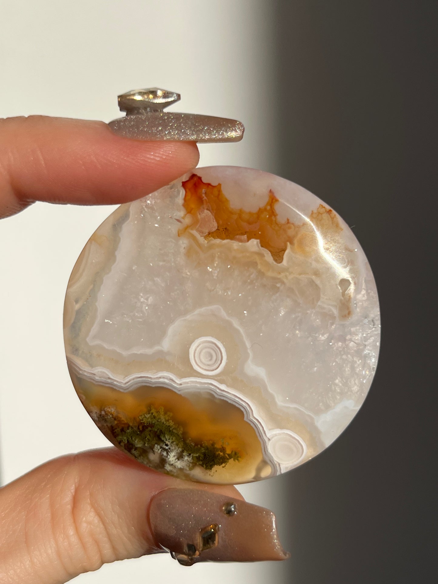 Orbicular Carnelian Nebula Agate and Scenic Moss Medallion Carving I (with Parallax Effect)