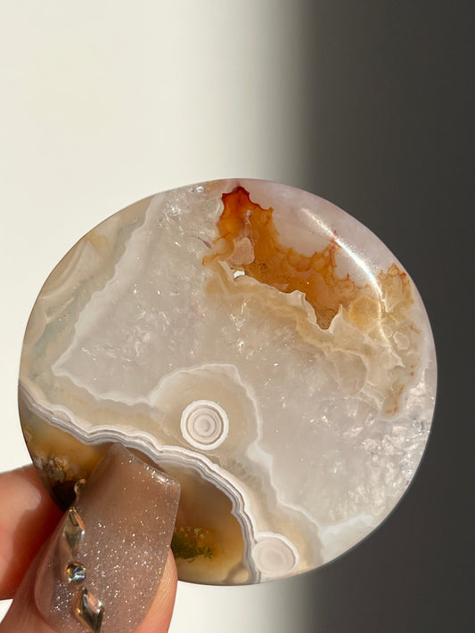 Orbicular Carnelian Nebula Agate and Scenic Moss Medallion Carving I (with Parallax Effect)