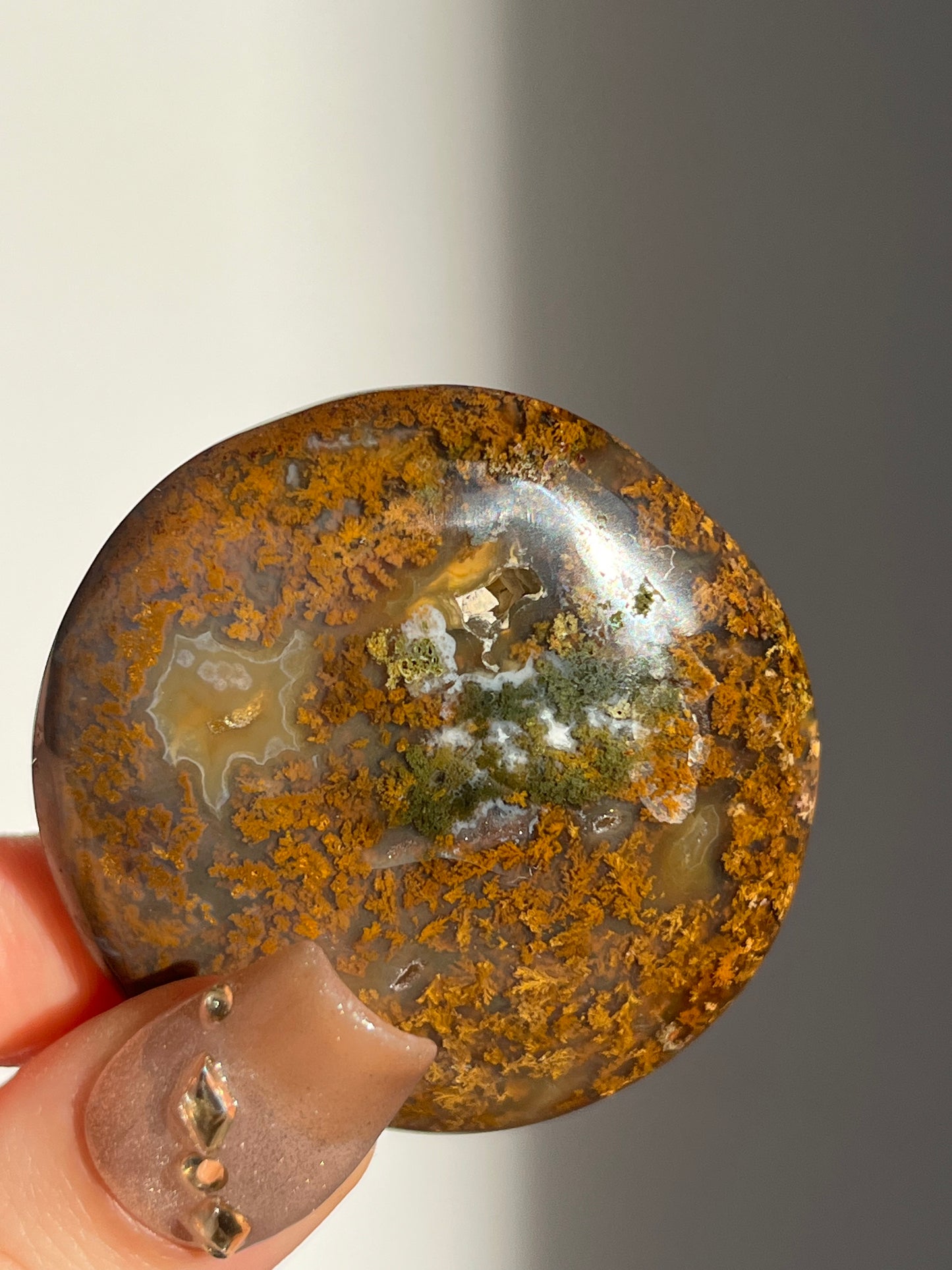 Nebula Agate and Multicoloured Scenic Moss Medallion Carving J