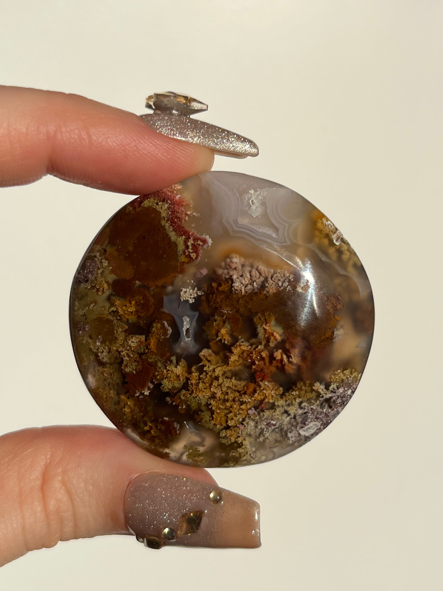 Nebula Agate and Multicoloured Scenic Moss Medallion Carving N
