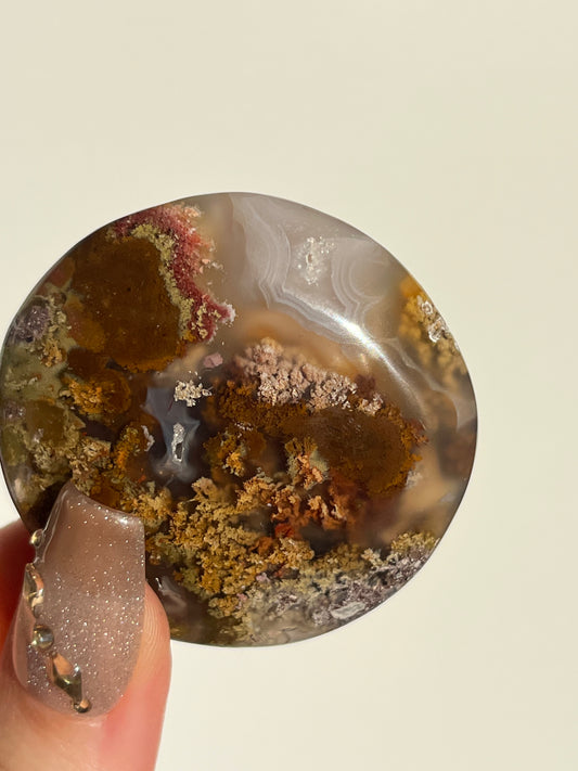 Nebula Agate and Multicoloured Scenic Moss Medallion Carving N