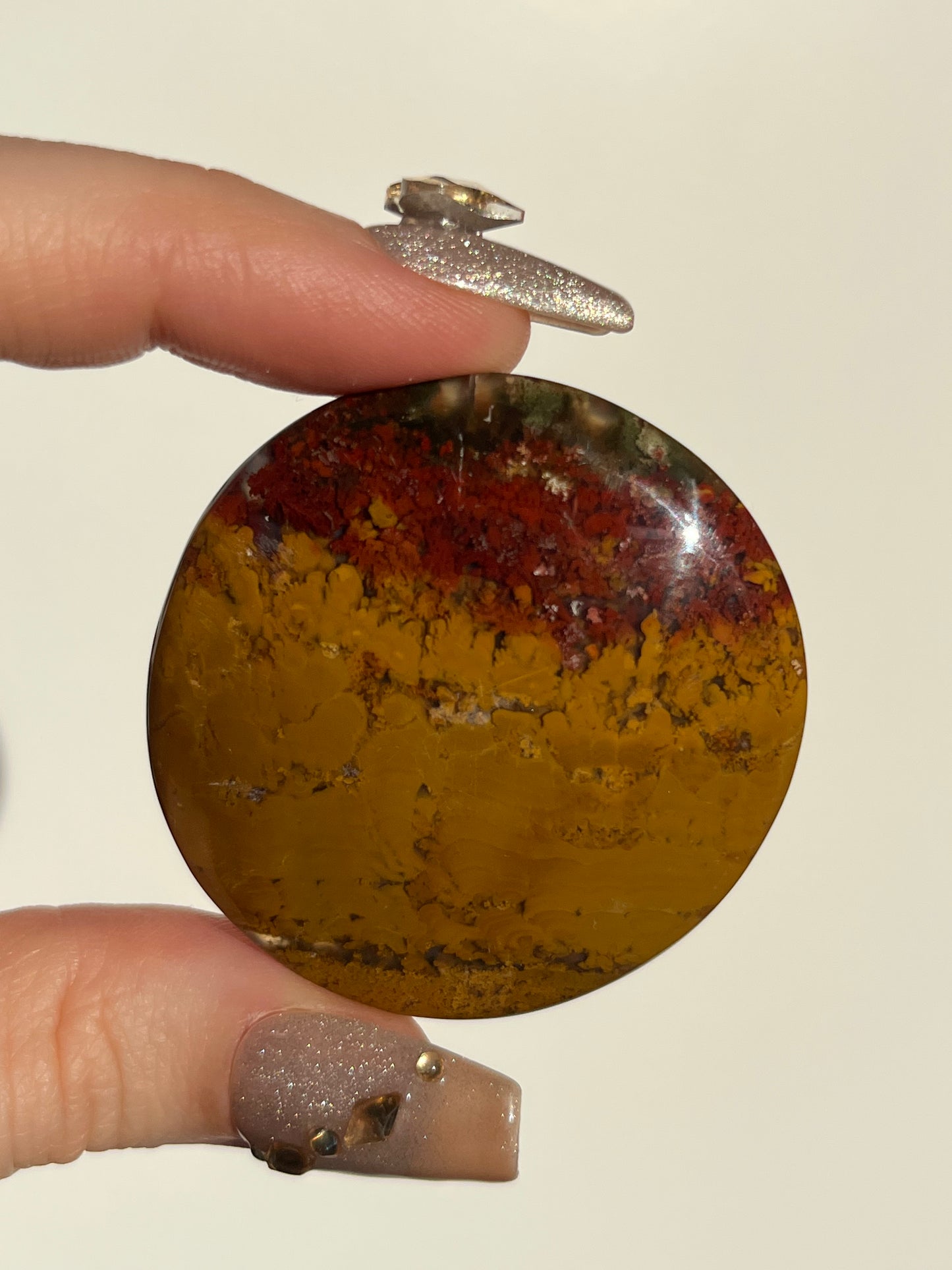 Nebula Agate and Red-Yellow Scenic Moss Medallion Carving O