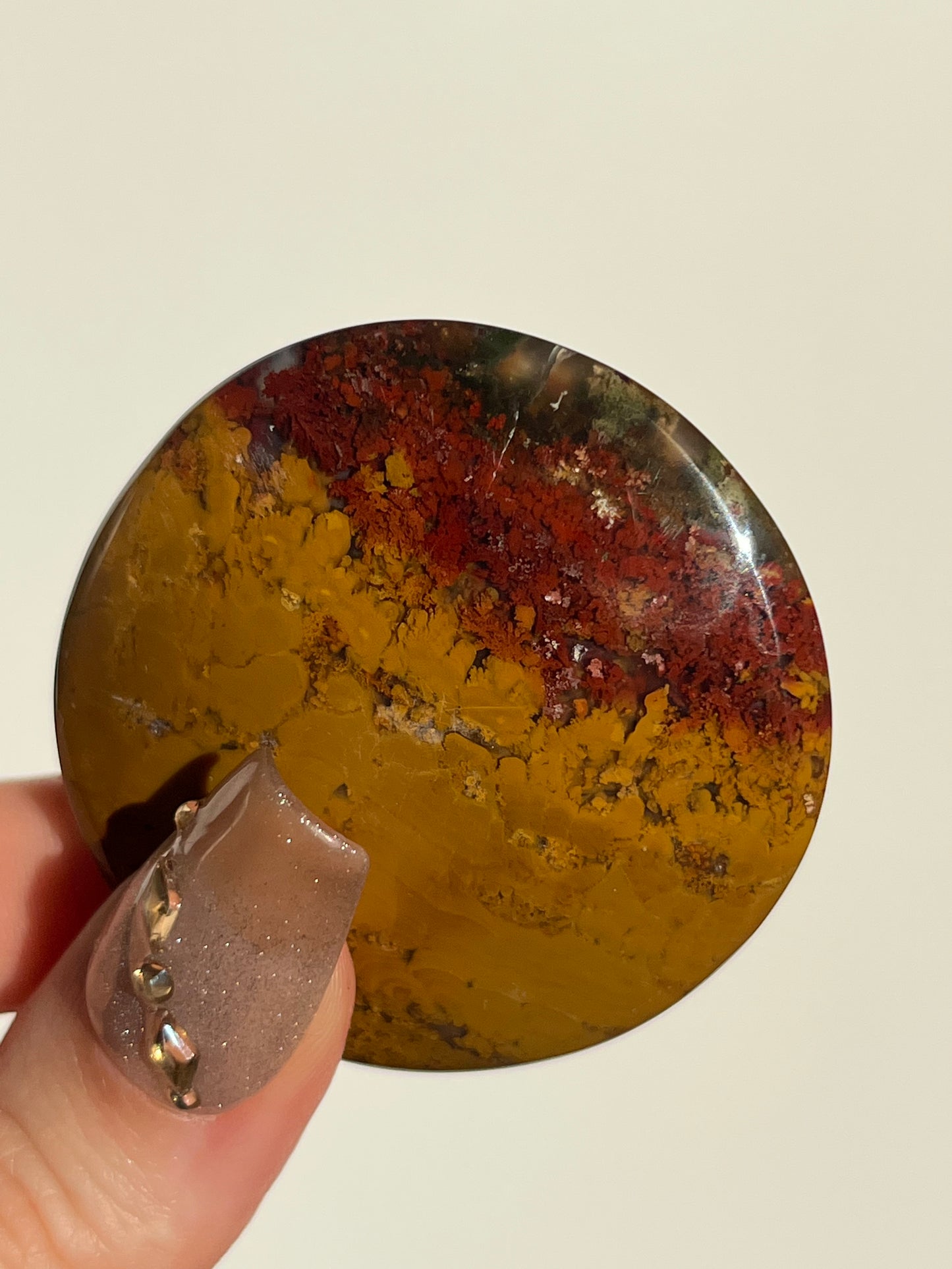 Nebula Agate and Red-Yellow Scenic Moss Medallion Carving O
