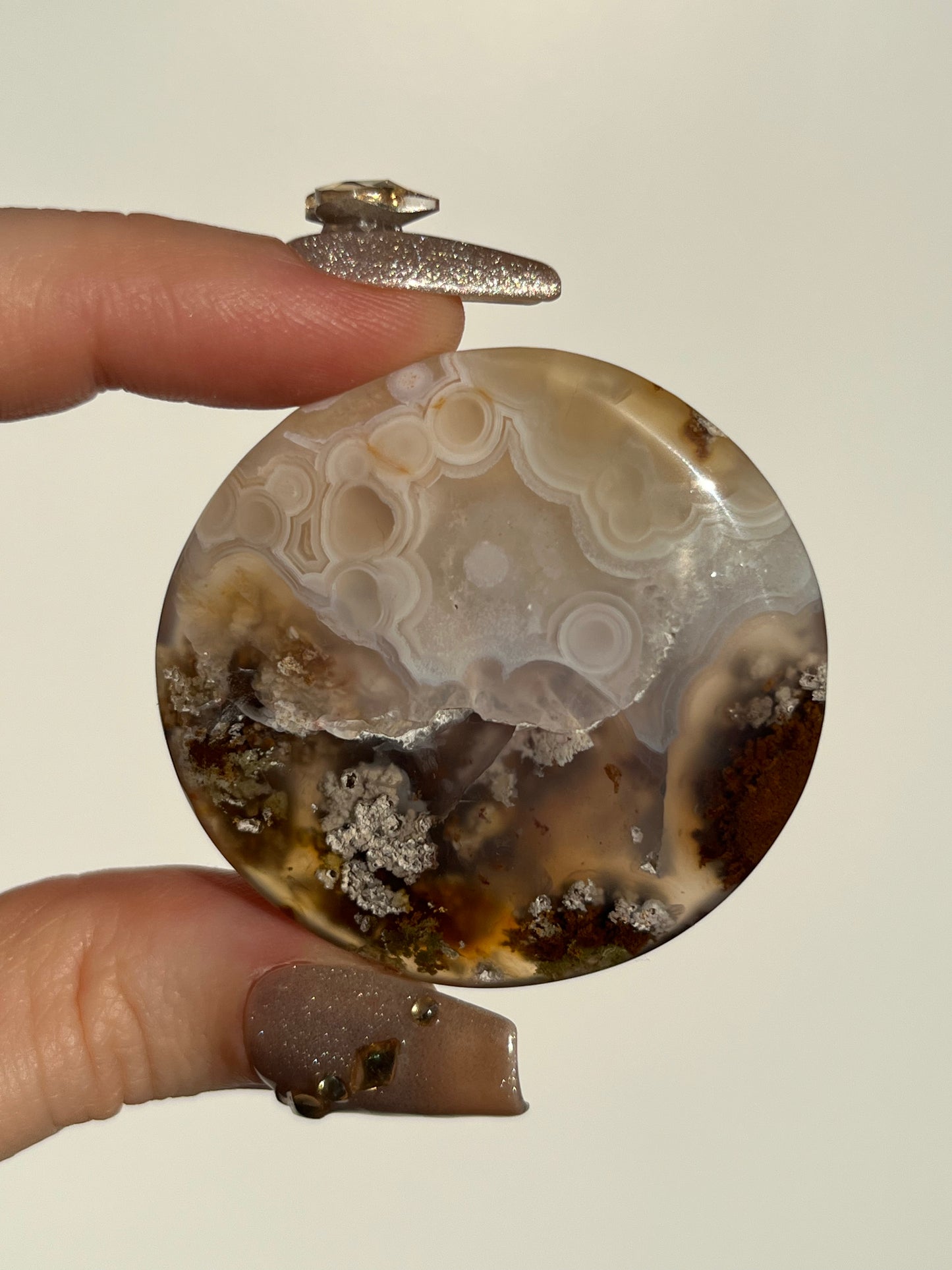 Orbicular Nebula Agate and Multicoloured Scenic Moss Medallion Carving P (with Parallax Effect)