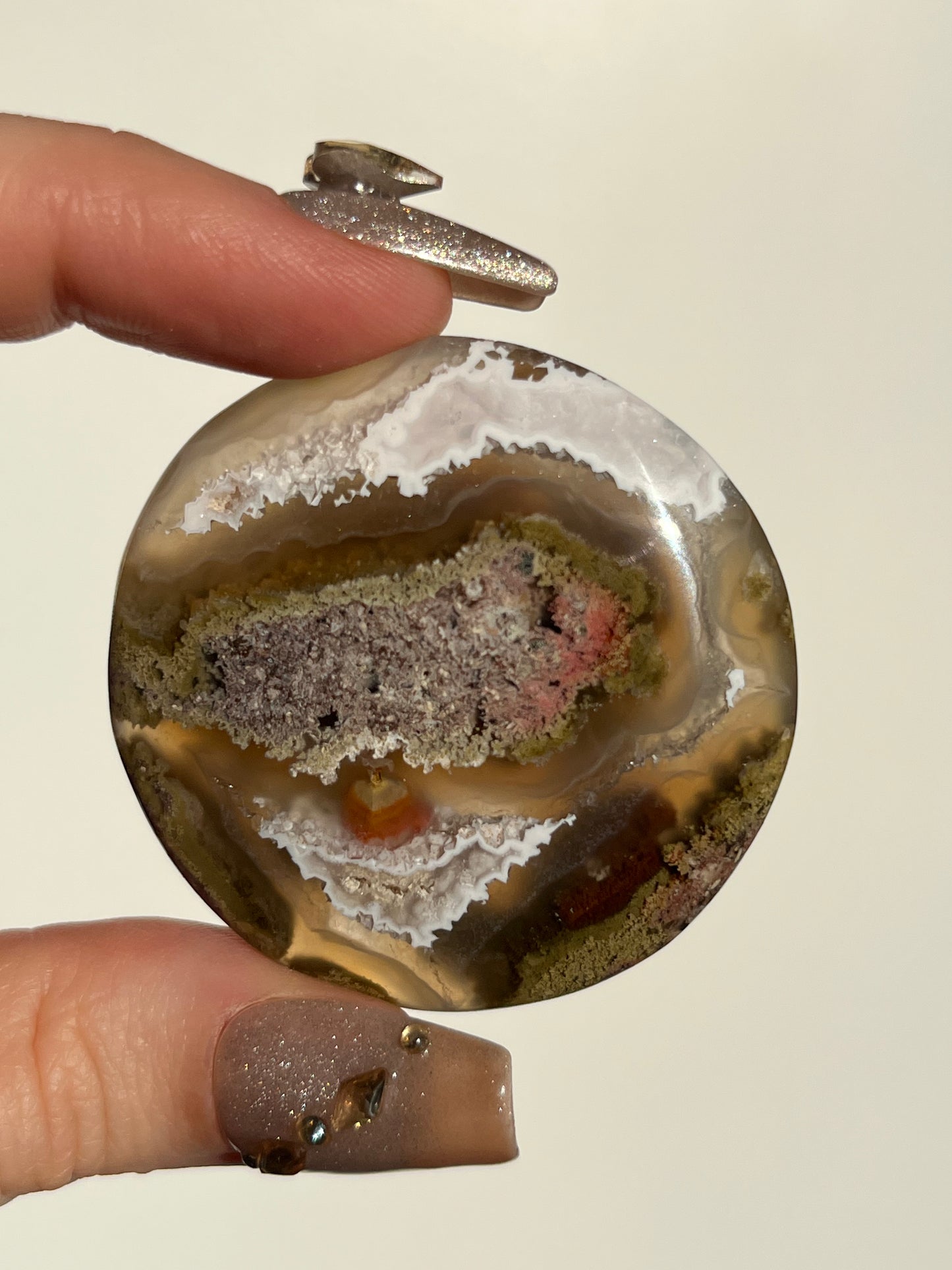 Nebula Agate and Multicoloured Scenic Moss Medallion Carving Q