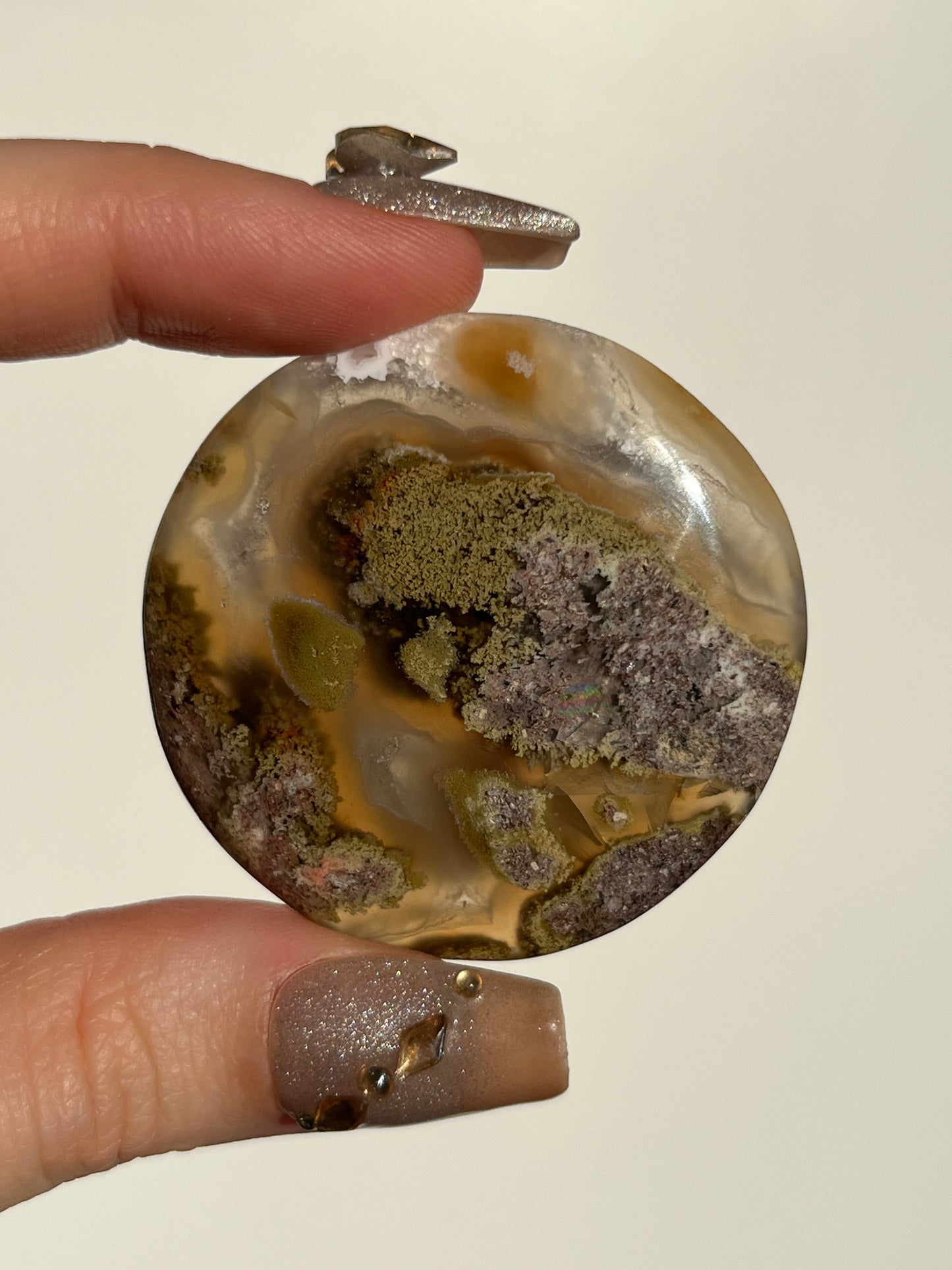 Nebula Agate and Multicoloured Scenic Moss Medallion Carving Q
