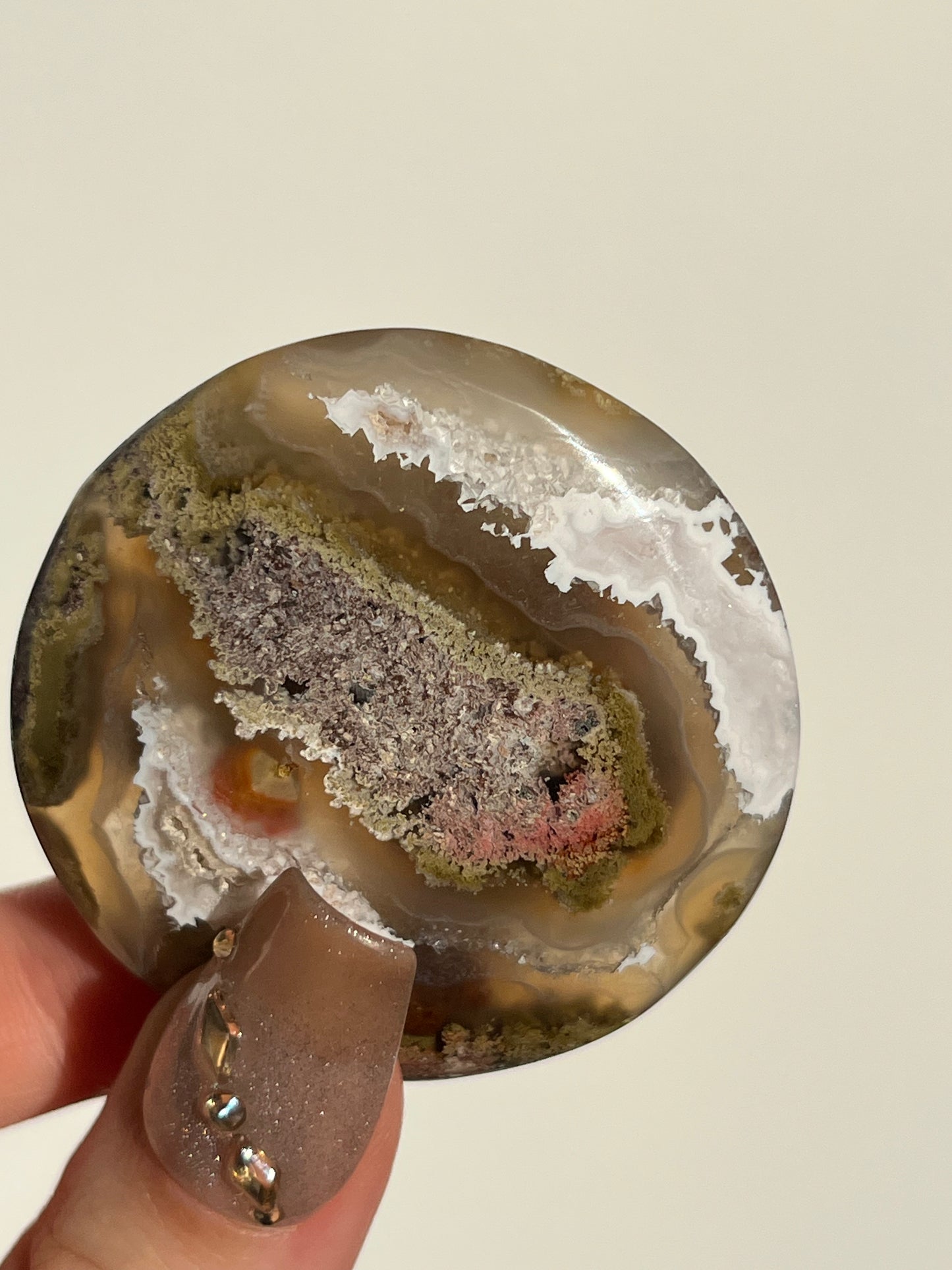 Nebula Agate and Multicoloured Scenic Moss Medallion Carving Q