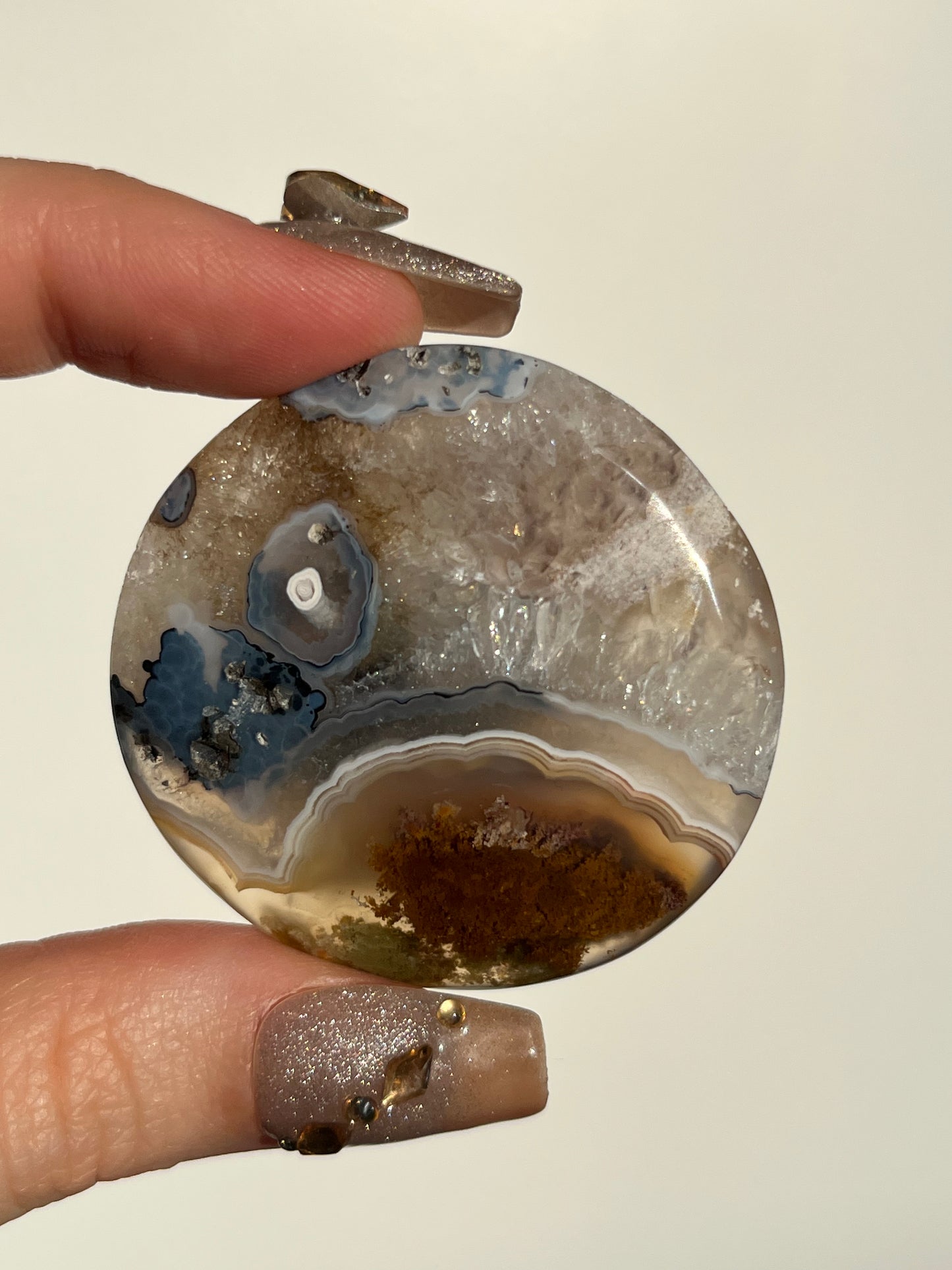 Nebula Agate and Scenic Moss Medallion Carving with Dendritic Inclusions R