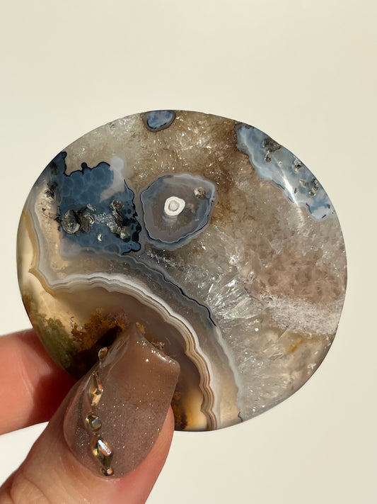 Nebula Agate and Scenic Moss Medallion Carving with Dendritic Inclusions R