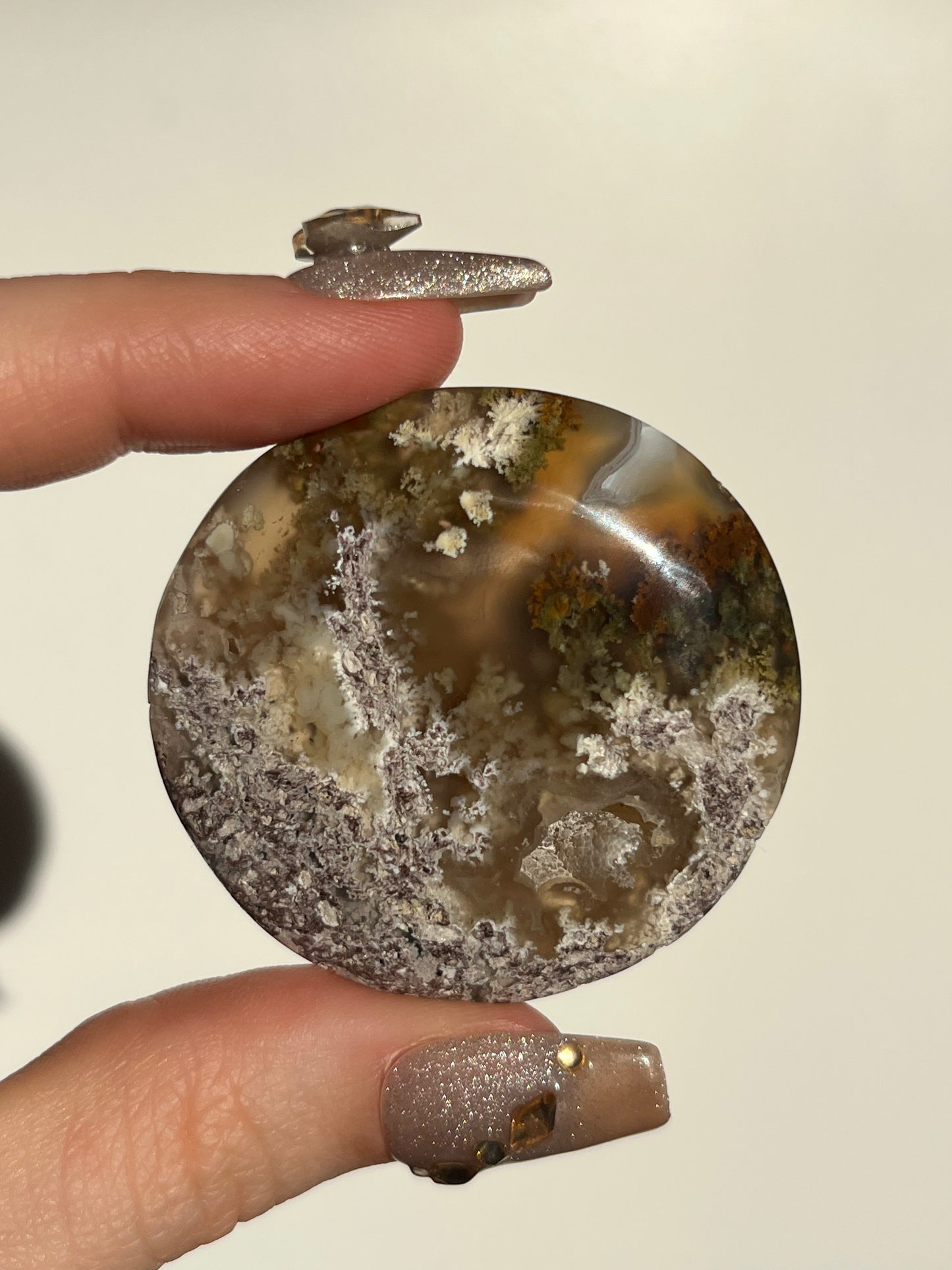 Nebula Agate and Multicoloured Scenic Moss Medallion Carving S