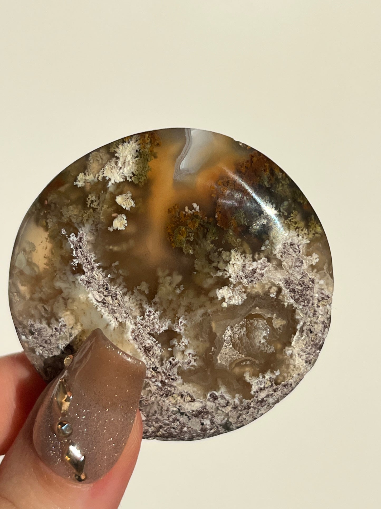 Nebula Agate and Multicoloured Scenic Moss Medallion Carving S