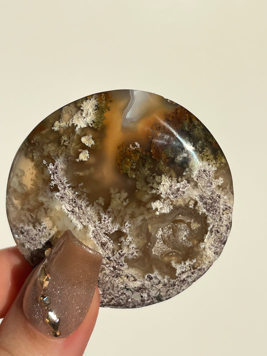 Nebula Agate and Multicoloured Scenic Moss Medallion Carving S