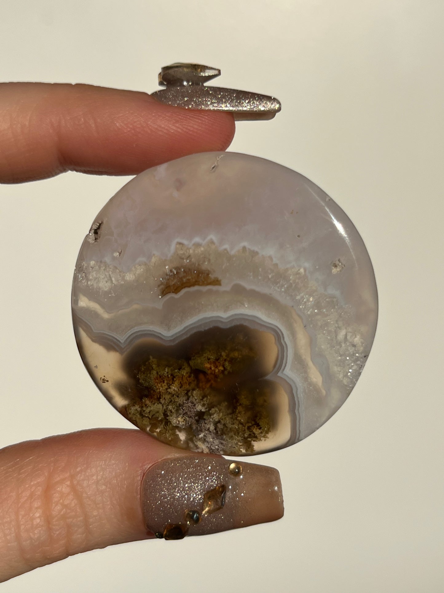 Nebula Agate and Multicoloured Scenic Moss Medallion Carving with Brown Dendritic Inclusions T