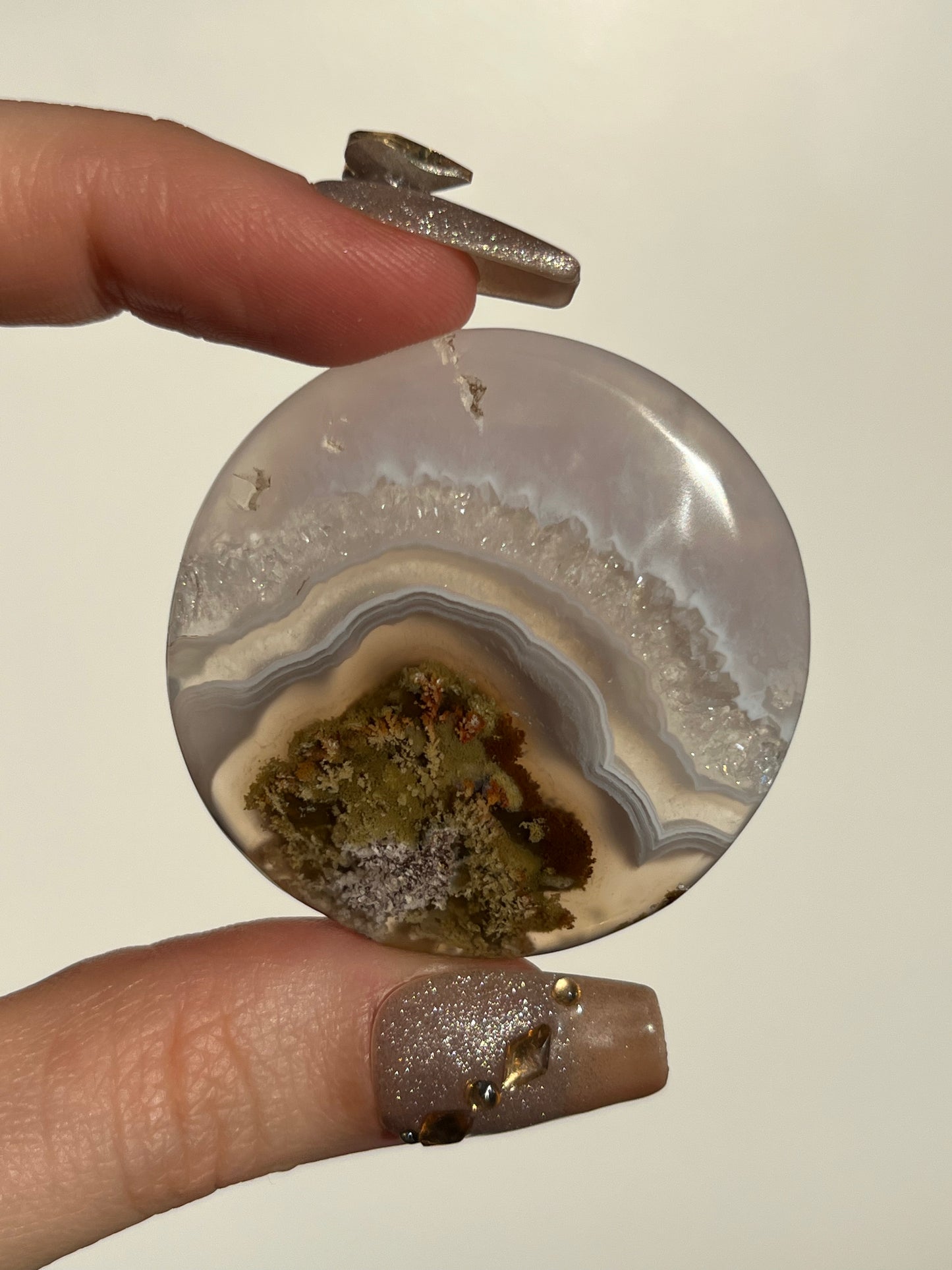Nebula Agate and Multicoloured Scenic Moss Medallion Carving with Brown Dendritic Inclusions T