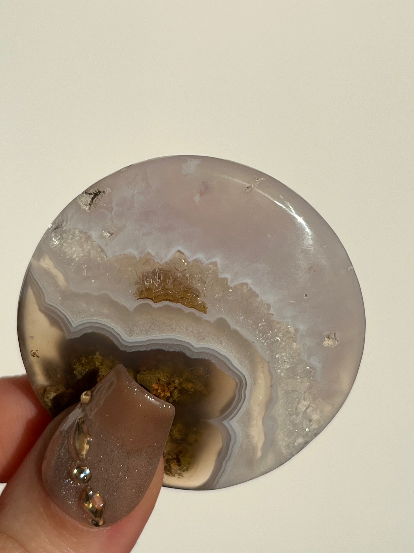 Nebula Agate and Multicoloured Scenic Moss Medallion Carving with Brown Dendritic Inclusions T
