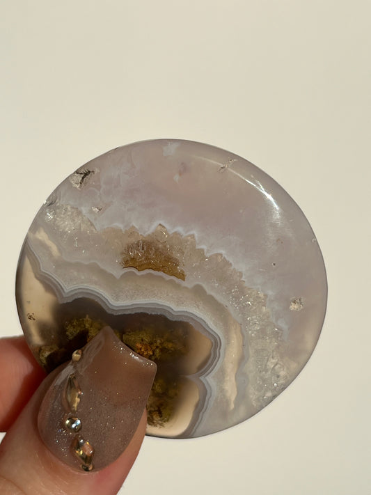 Nebula Agate and Multicoloured Scenic Moss Medallion Carving with Brown Dendritic Inclusions T